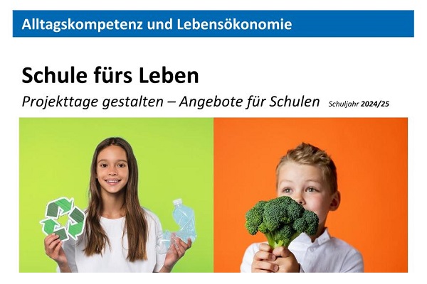 Titelbild der Broschüre Schule fürs Leben, Mädchen mit Recycling-Zeichen, Junge mit Brokkoli