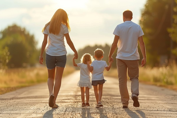 Familie geht in der Abendsonne spazieren